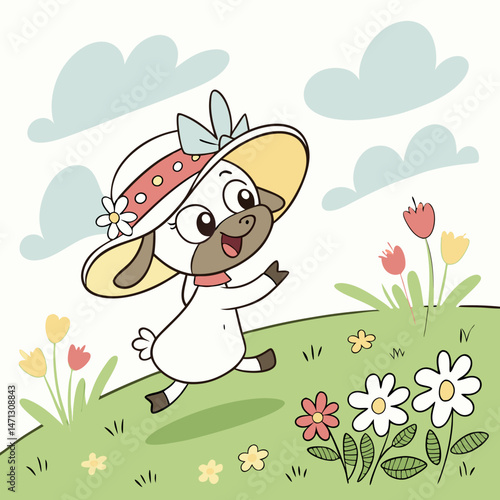 Silly lamb wearing Easter bonnet, dancing in blooming meadow