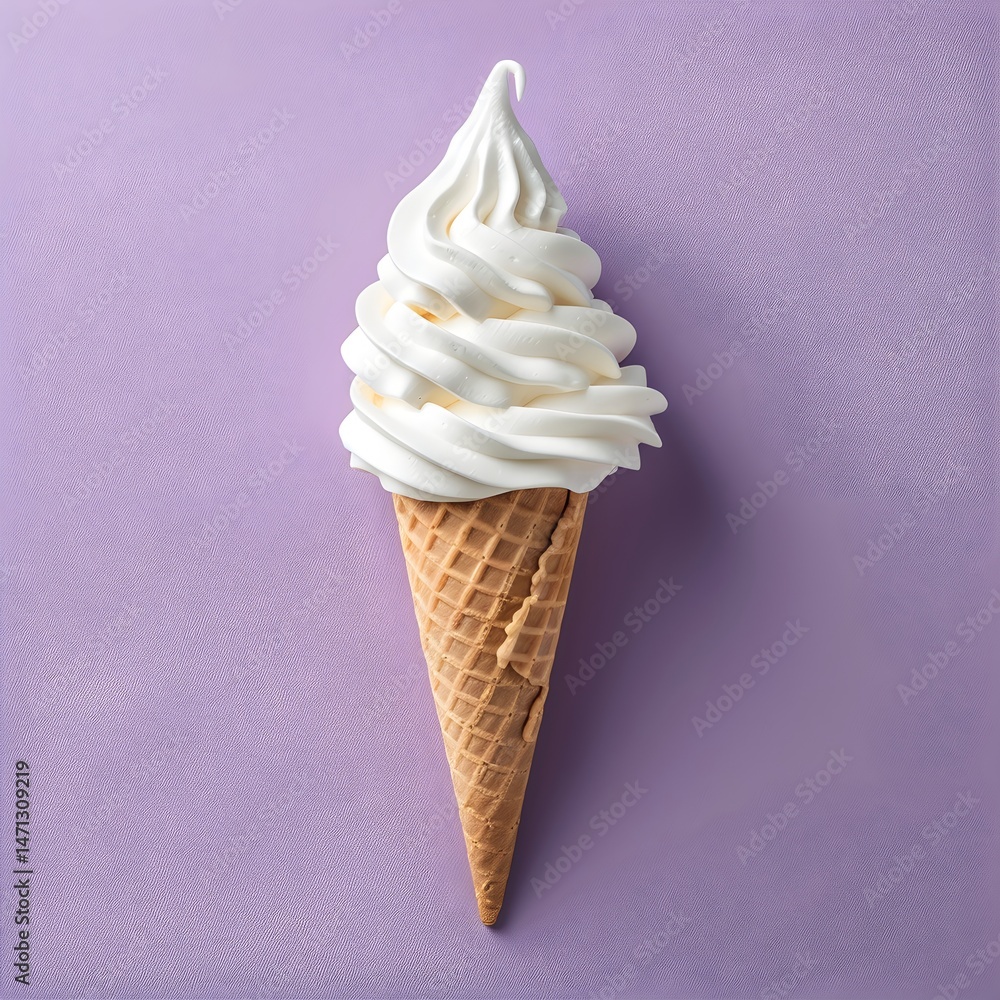 Classic vanilla soft serve ice cream in waffle cone on purple background. Summer treat, dessert concept. National Ice Cream Day celebration. Copy space for text. Classic vanilla soft serve ice cream in waffle cone on purple background. Summer treat, dessert concept. National Ice Cream Day celebration. Copy space for text.