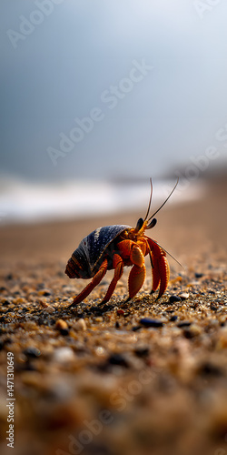 Hermit Crab On Pristine Beach With Turquoise Ocean Background