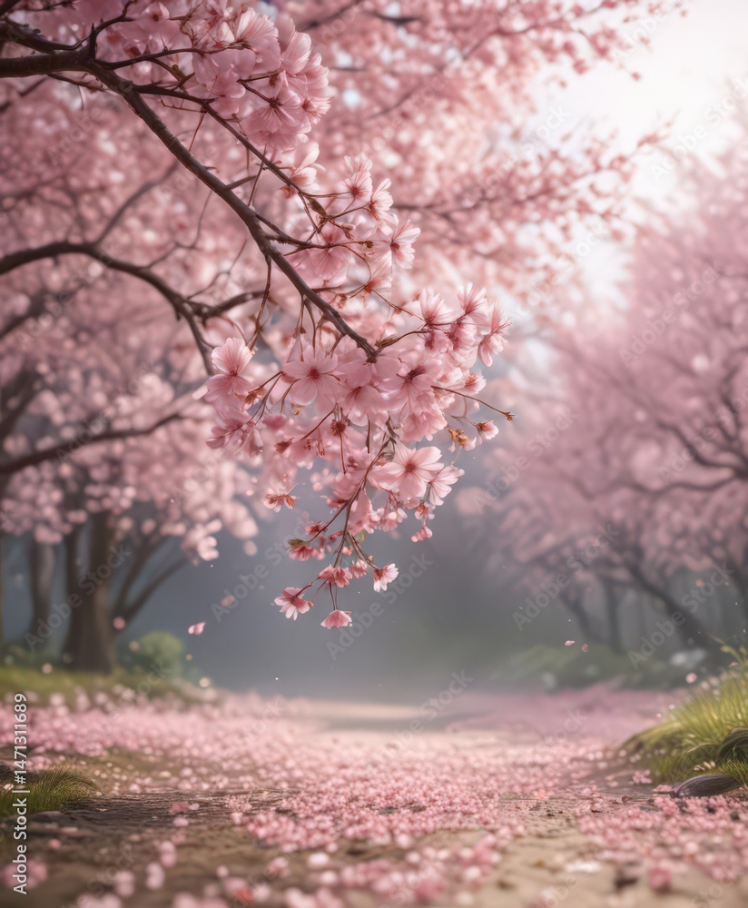 Naklejka premium Soft pink sakura petals gently descend, creating a dreamy spring scene , springtime, petals