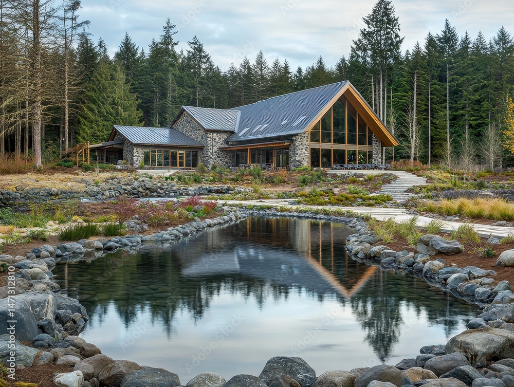 Fototapeta premium Exterior view of a luxury stone house reflecting in a pond surrounded by forest landscape in Washington state