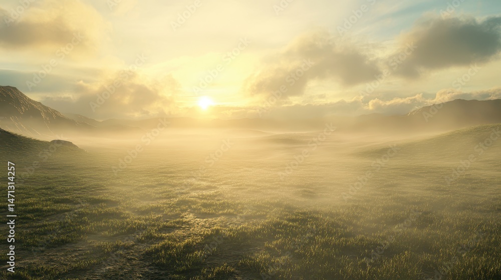 Obraz premium Serene Sunrise Over Misty Landscape with Rolling Hills and Clouds