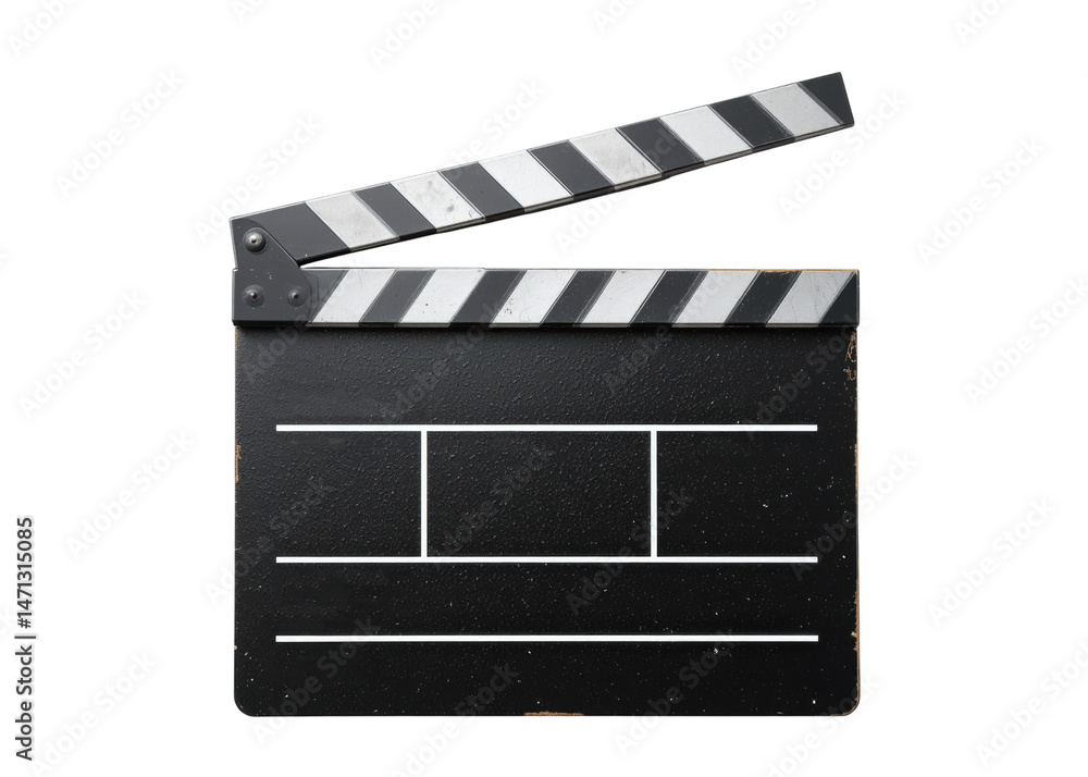 Fototapeta premium Black clapperboard with white and black stripes on the top slate, isolated on transparent background, film production, cinema, movie.