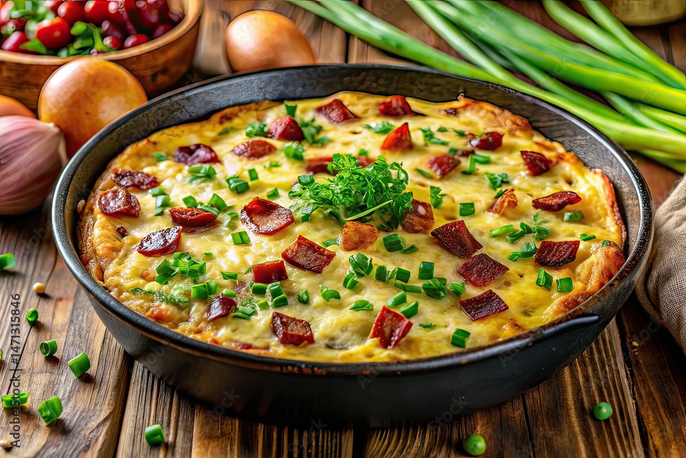 Homemade Oven Baked Frittata with Curd Cheese, Bacon, Onion & Chives - Long Exposure Photography Homemade Oven Baked Frittata with Curd Cheese, Bacon, Onion & Chives - Long Exposure Photography