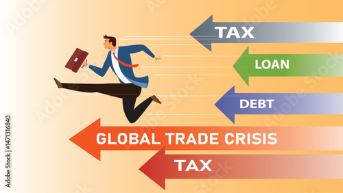 A businessman is running from business obstacles from the global trade crisis. vector illustration