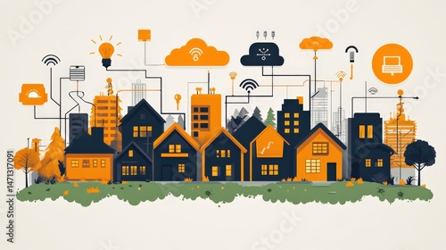 Illustration of smart city concept with vibrant houses and technology icons