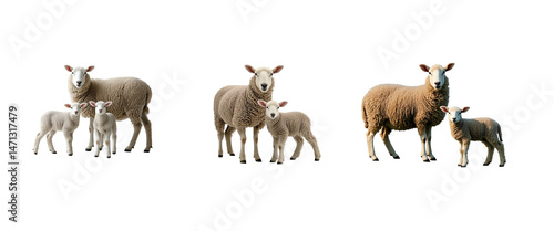 Set of fluffy sheeps family, adorable lambs, pastoral countryside scene, isolated on white background.png file