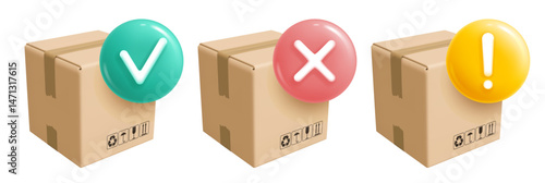 3d icons cardboard delivery box or parcel with order status process signs. Delivery info symbols, check mark, delivered, cancelled, attention. Logistic, tracking, shipping concept. Vector illustration