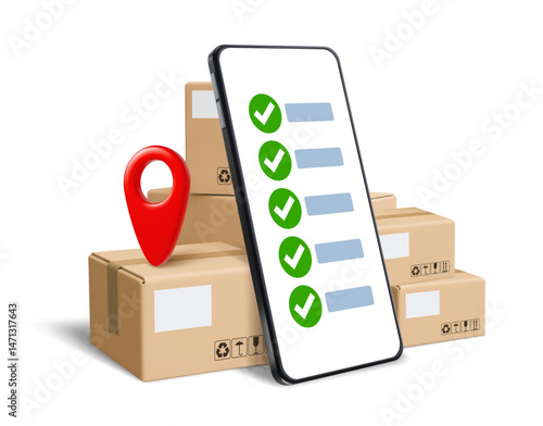 Cardboard boxes, parcels and smartphone. Shopping online by smartphone, tracking, customer service, fast delivery concept. Pile of stacked cargo delivery boxes. 3d realistic vector illustration