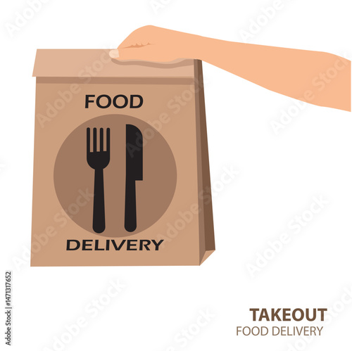 female holds in hand brown food paper bag for takeout isolated on white background. Packaging template. Delivery service concept. vectot,symbol,illustration