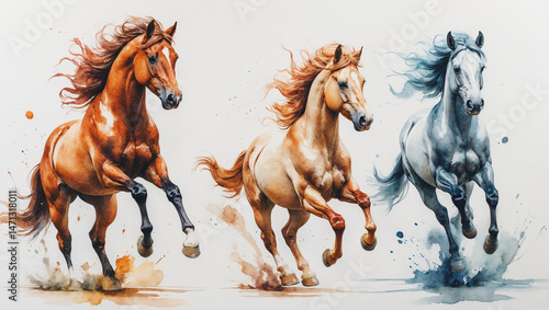Graceful Gallop: Watercolor Painting of Running Horses
