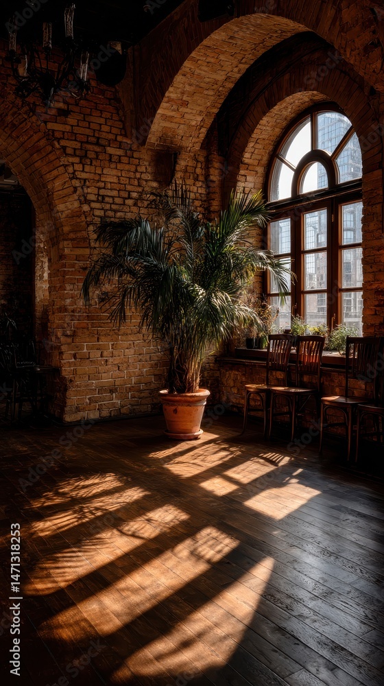 Fototapeta premium Interior of a stylish loft apartment with a palm tree, brick walls, arched windows, and hardwood floors, bathed in warm sunlight