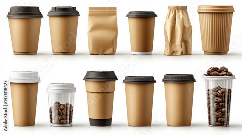 Various coffee cups and containers in different styles and sizes