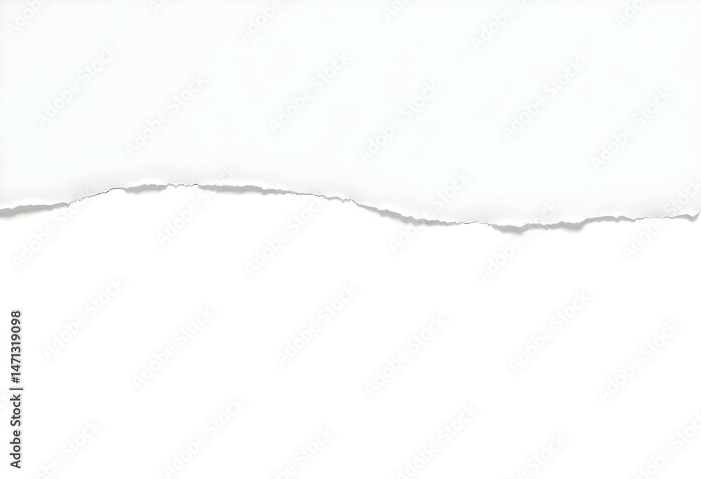 Obraz premium A torn piece of white paper with a rough edge, casting a subtle shadow on a plain white background, minimalist composition .