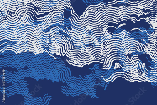 Crafted hand drawn brush lines abstract distorted waves and water glitch pattern, Japanese and ethnic experimental check, irregular graphic for textile, fashion, carpet