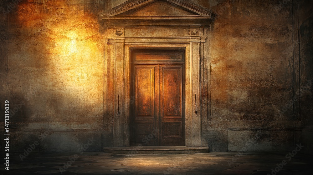 Fototapeta premium Mysterious Old Wooden Door Vintage Entrance Antique Wall Golden Light Secret Passage Historical