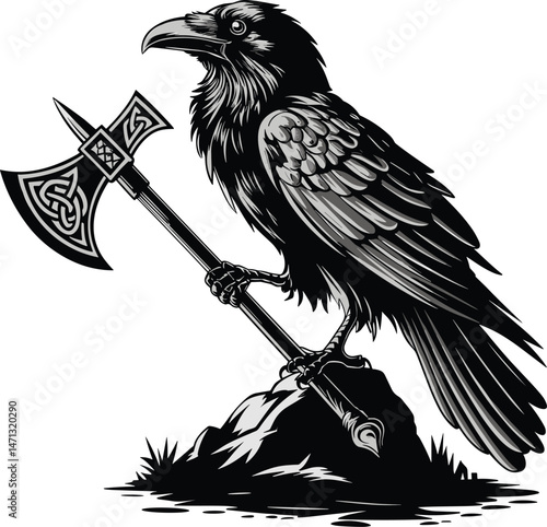 Mystical raven with axe vector Art & Illustration