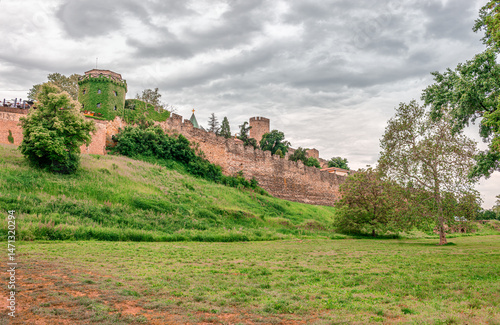 The walls of the upper town of the Belgrade Fortress seen from the Kalemegdan park. In Belgrade, Serbia.
