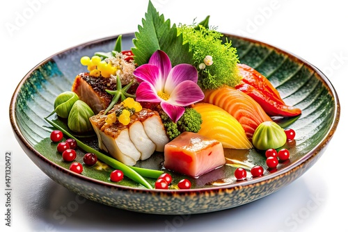 Japanese Cuisine Dish, Dark Blue Background, Fine Dining, Food Photography, Exquisite Flavors