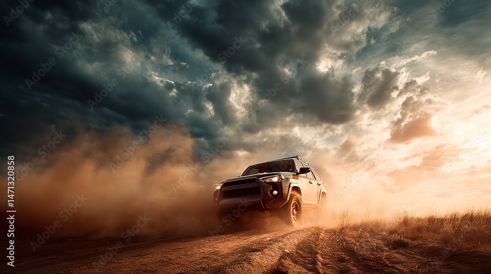 Fototapeta premium SUV Adventure Dusty Road Sunset Off Road Journey 4x4 Drive