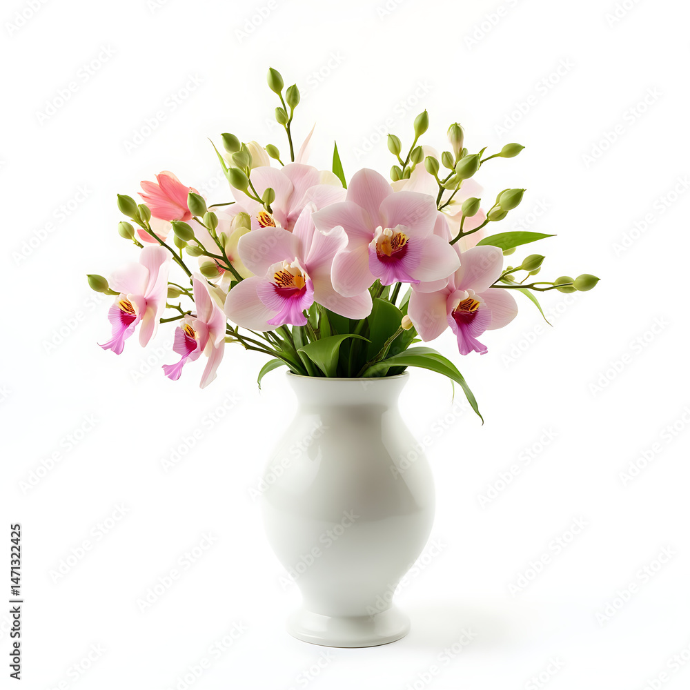 contemporary_white_vase_with_exotic_orchids_and_anthuriums_on_white_background contemporary_white_vase_with_exotic_orchids_and_anthuriums_on_white_background