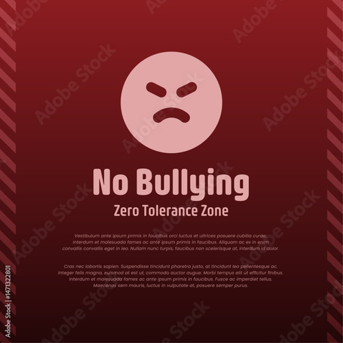 Flat Vector Illustration Poster for No Bullying Area with Angry Face Icon and Zero Tolerance Message for Schools or Public