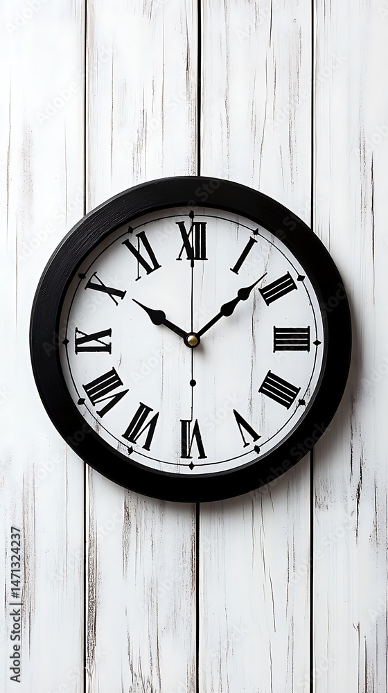 custom made wallpaper toronto digitalRound Clock with Roman Numerals, Black on Distressed White Wood Surface
