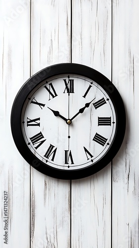 Wallpaper Mural Round Clock with Roman Numerals, Black on Distressed White Wood Surface Torontodigital.ca