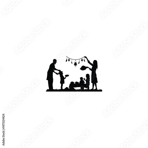 A joyful family gathers, sharing and distributing freshly cooked qurbani meat, celebrating Eid al-Adha silhouette on white background