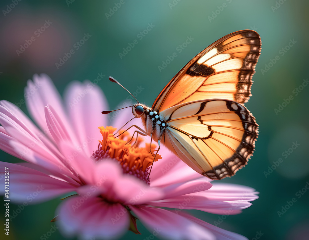 Fototapeta premium A colorful butterfly, an orange and black insect with delicate wings, graces a beautiful pink flower in the summer garden