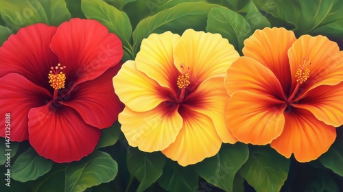 Wallpaper Mural Three vibrant hibiscus flowers-red, yellow, and orange-stand out against lush green leaves. Torontodigital.ca