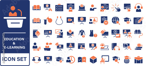E-learning and education icon set. Online Education icon collection. Distance learning. Video tuition, online course, audio course, digital education, educational website and more.