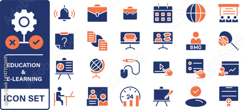 E-learning and education icon set. Online Education icon collection. Distance learning. Video tuition, online course, audio course, digital education, educational website and more.