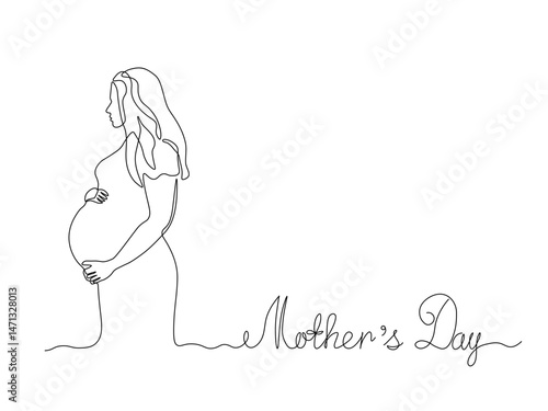 Abstract Mother's Day card, pregnant woman, continuous single one line art drawing sketch, logo