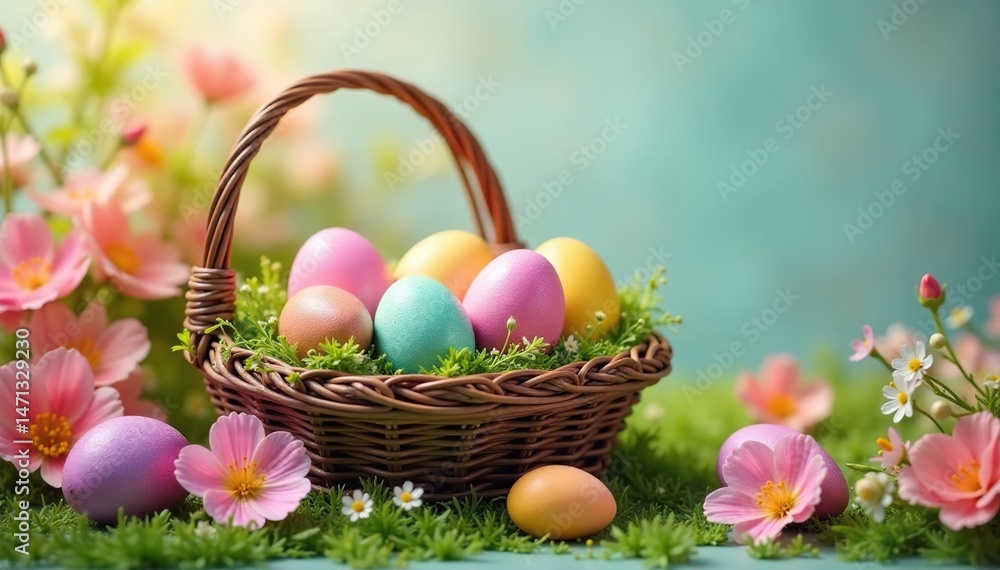 Naklejka premium Colorful Easter eggs in a basket, surrounded by spring flowers , painted, yellow, basket weave