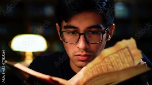 Man reading book in library with glasses study knowledge education learning student literature wisdom 100