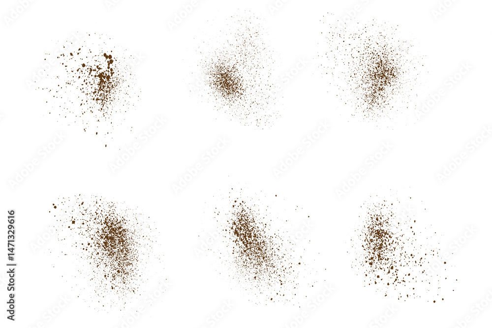 Fototapeta premium Vector realistic collection of flying vector coffee splatter isolated brown background