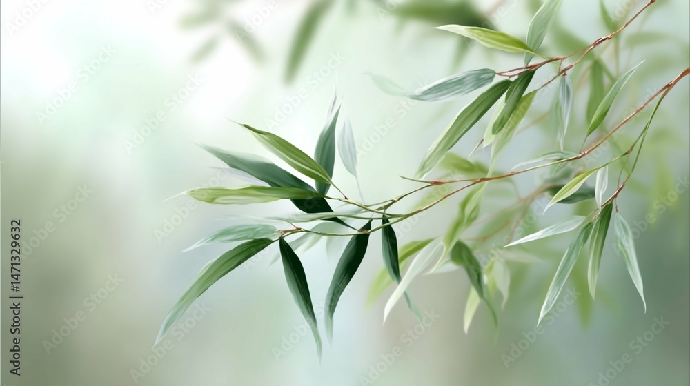 Fototapeta premium Bamboo leaves sway gently in the breeze against a soft, blurred background in a tranquil garden setting
