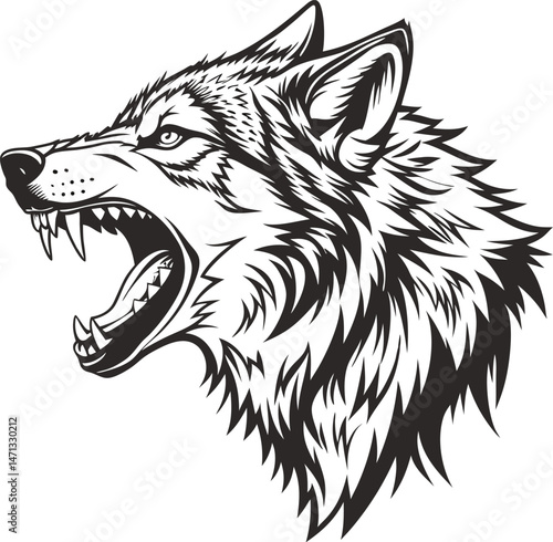 Detailed Wolf Head Snarling Wildly in Monochrome