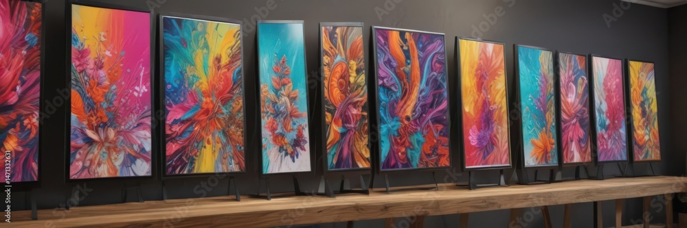Naklejka premium Colorful art prints displayed on a discounted sale stand, display, background texture