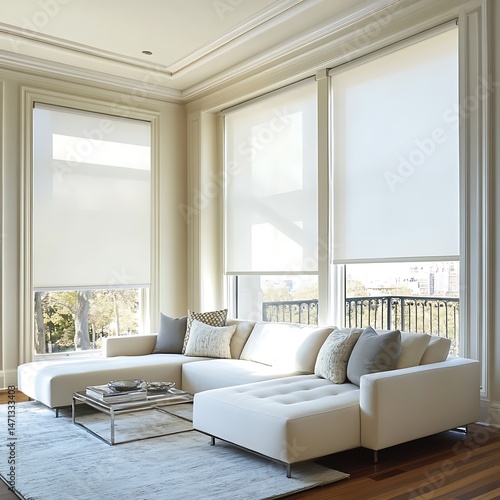 Elegant Window Treatments and Comfortable Seating Arrangements in a Bright and Airy Living Room Design with Natural Light and Neutral Colors