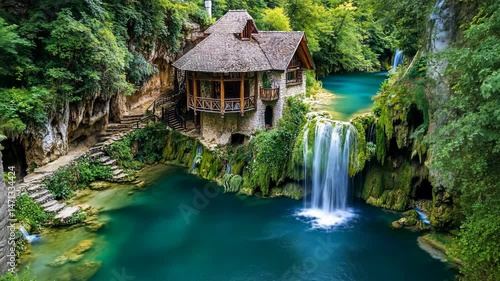 dreamy house in beautiful nature , rock cottage with waterfall in green lush forest 