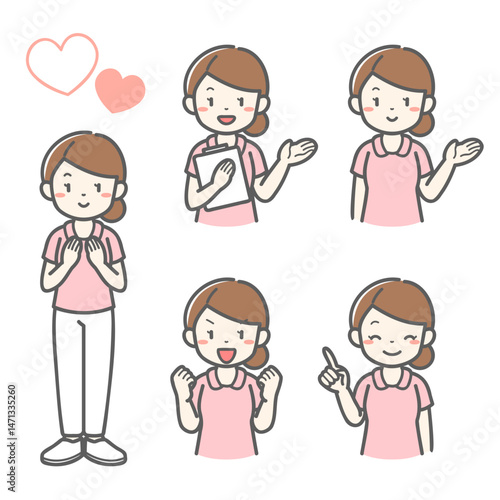 ５つのポーズをする女性看護師のベクターイラスト素材