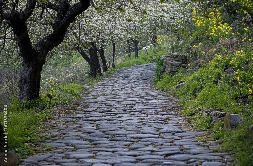 Fototapeta premium Blossoming trees lining a cobblestone path