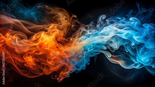 Abstract colorful smoke art design with contrasting blue and orange colors
