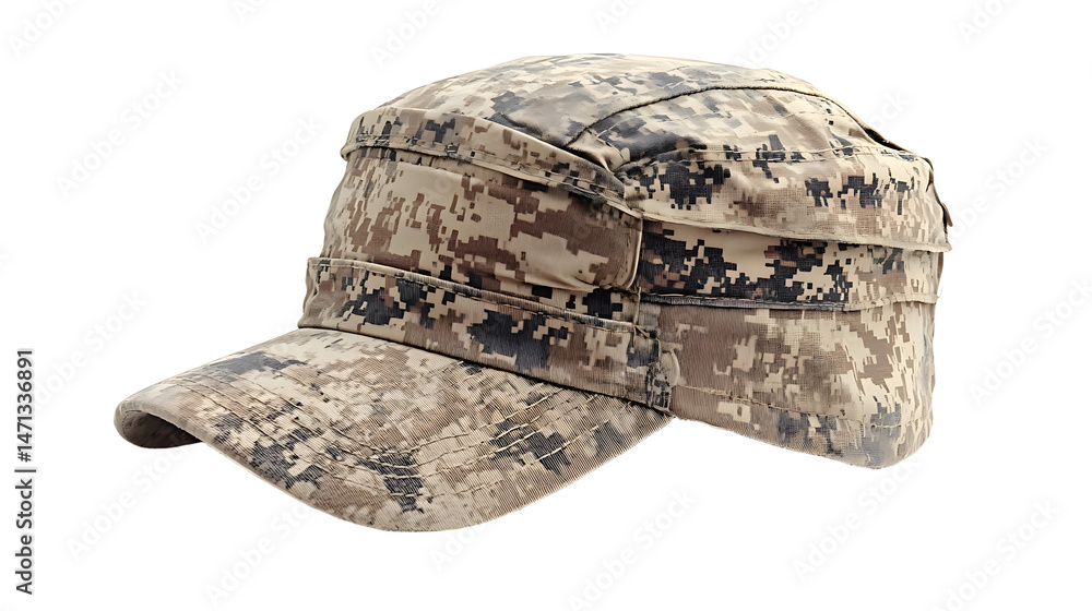 Obraz premium A Close-Up of a Camouflage Military Cap Ideal for Outdoor Adventures and Tactical Use