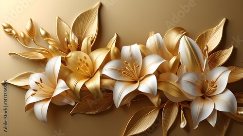 Golden Lily with Stucco Stems and Leaves An elegant 3D floral background. Elegant 3D Floral Background Featuring Golden Lily with Stucco Stems and Leaves. Generated with AI

