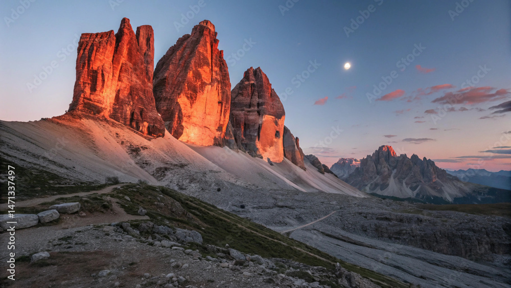 Naklejka premium Dramatic Sunset over Tre Cime di Lavaredo Dolomites in Italy