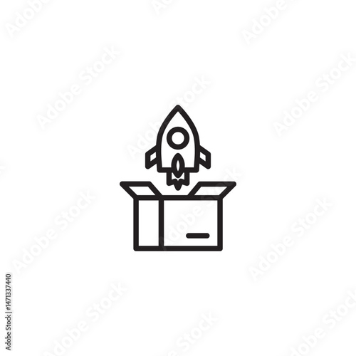 A rocket launching upwards from an open box, symbolizing innovation, starting a new venture, thinking outside the box, or rapid growth.