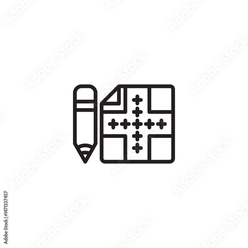 A pencil next to a document marked with plus signs within a grid, suggesting editing, marking points, or making adjustments on a design or plan.